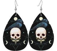 Teardrop Dangle Earrings Women Leather Jewelry Earings - Black raven skull Moth Moon, White