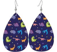 Teardrop Dangle Earrings Women Leather Jewelry Earings - Colorful dinosaurs cute Dinosaur Dino, White