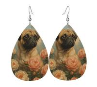 Teardrop Earring Charming Pug And Peonies Lightweight Leather Earrings Durable Pierced Earring For Accessories Married Beach