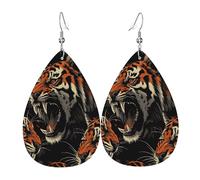 Teardrop Earring Fierce Tiger Roaring Wild Trendy Teardrop Dangle Faux Leather Earrings Luxurious Drop Earring For Women Beach Party