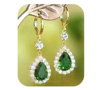 Teardrop Earrings, 1 Pair Emerald Drop Earrings for Women - 18K Gold Plated Dangly Earrings with AAA CZ Halo, Lightweight Statement Earrings for Wedding Party and Everyday Wear