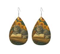 Teardrop Earrings Cat Reading Book On Sunflower Bench Lightweight Dangle Hoop Earrings Durable Pierced Earring For Beach Women Festival