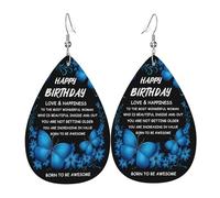 Teardrop Earrings Happy Birthday Blue Flower And Butterfly Fashionable Teardrop Dangle Faux Leather Earrings Lightweight Holiday Earring For Decoration Women Married