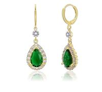 Teardrop Emerald Dangle Earrings, Crystal Halo Design With Zircon Accents, Lightweight Drop Earrings For Women, Elegant Emerald Green Stone Earrings For Formal Events And Daily Wear