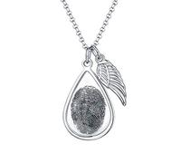 Teardrop Fingerprint Necklace Personalized With Angel Wing - Custom Engrave Back - 925 Sterling Silver Loved One's Fingerprints Pendant Memorial Gifts