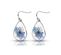 Teardrop Forget Me Not Earrings - Dangle, Elegant, Pressed Flower Design - Silver