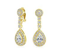 Teardrop Halo Cubic Zirconia Pave CZ Dangle Prom Statement Clip On Dangle Earrings For Women Gold Plated Brass