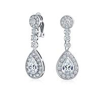 Teardrop Halo Cubic Zirconia Pave CZ Dangle Prom Statement Clip On Dangle Earrings For Women Silver Plated Brass