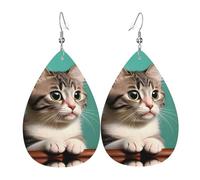 Teardrop Leather Earring A Curious Cat Printed Teardrop Dangle Earrings Lightweight Drop Leather Earrings Trendy For Anniversary For Birthday Wife Birthday