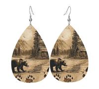 Teardrop Leather Earring Bear Footprints Rustic Cabin Tree Collage Vintage Brown Hookearrings Lightweight Teardrop Dangle Earrings Fashion For Anniversary Party 2 Pairs