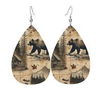 Teardrop Leather Earring Bear Footprints Tree Rustic Cabin Collage Brown Vintage Drop Leather Earrings Lightweight Tear Drop Earring Women For Daily Wear Party 2 Pairs