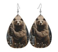 Teardrop Leather Earring Bear Rustic Wood Trees Paw Prints Wild Animal Funny Tear Drop Earring Lightweight Teardrop Dangle Earrings Stylish And Beautiful For Anniversary Daily Wear 2 Pairs