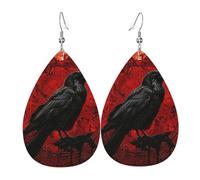Teardrop Leather Earring Black Viking Crow Pirate Runes Nordic Mythology Red Teardrop Dangle Earrings Ornament Drop Leather Earrings Lightweight For Anniversary Party 2 Pairs