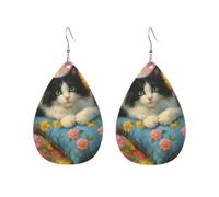 Teardrop Leather Earring Bloom-Drowned Pillow Dozing Cat Teardrop Dangle Earrings Ornament Drop Leather Earrings Lightweight For Daily Wear Anniversary 2 Pairs