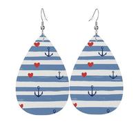 Teardrop Leather Earring Blue Anchors And Stripes & Red Hearts Drop Leather Earrings Trendy Tear Drop Earring Lightweight For Anniversary Birthday Daily Wear