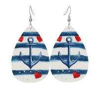 Teardrop Leather Earring Blue Anchors And Stripes & Red Hearts Hookearrings Lightweight Tear Drop Earring Trendy For Women Girls Daily Wear Birthday