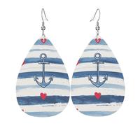 Teardrop Leather Earring Blue Anchors & Red Hearts Tear Drop Earring Lightweight Drop Leather Earrings Trendy For Women Girls Birthday Daily Wear