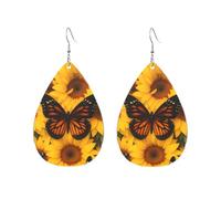 Teardrop Leather Earring Butterflies On The Yellow Sunflowers Tear Drop Earring Ornament Teardrop Dangle Earrings Lightweight For Party Daily Wear 2 Pairs