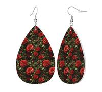Teardrop Leather Earring Classic Red Roses Print Teardrop Dangle Earrings Ornament Tear Drop Earring Stylish And Beautiful For Women Girls Anniversary 2 Pairs