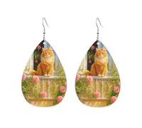 Teardrop Leather Earring Cute Cat By The Florals Window Hookearrings Ornament Tear Drop Earring Women For Party Anniversary 2 Pairs