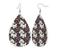 Teardrop Leather Earring Cute White Poodle Print Teardrop Dangle Earrings Stylish And Beautiful Tear Drop Earring Ornament For Anniversary Party 2 Pairs