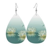 Teardrop Leather Earring Dragonfly With Water Lily Printed Stylish And Beautiful Drop Leather Earrings Ornament Teardrop Dangle Earrings For Wife Birthday Daily Wear For Women Girls