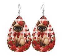 Teardrop Leather Earring Elegant Siamese Cat & Red Roses Butterfly Drop Leather Earrings Ornament Tear Drop Earring Trendy For Anniversary Women Girls Party