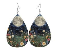 Teardrop Leather Earring Full Moon Skye Wildflowers Garden Trees Plant Beautiful Tear Drop Earring Women Teardrop Dangle Earrings Ornament For Party Daily Wear 2 Pairs