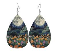 Teardrop Leather Earring Full Moon Skye Wildflowers Trees Plant Garden Beautiful Drop Leather Earrings Women Teardrop Dangle Earrings Ornament For Party Daily Wear 2 Pairs