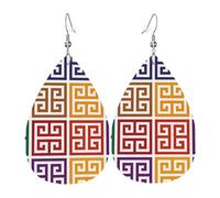 Teardrop Leather Earring Greek Key Modern Geometric Drop Leather Earrings Lightweight Tear Drop Earring Fashion For Wife Birthday Anniversary For Women Girls