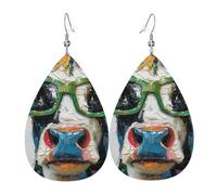 Teardrop Leather Earring Happy And Cute Cow With Glasses Rustic Farm Animal Funny Teardrop Dangle Earrings Fashion Drop Leather Earrings Ornament For Party Anniversary 2 Pairs