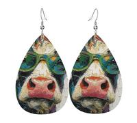 Teardrop Leather Earring Happy And Funny Cow With Glasses Animal Rustic Farm Cute Teardrop Dangle Earrings Ornament Drop Leather Earrings Women For Women Girls Anniversary 2 Pairs