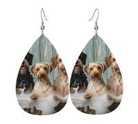 Teardrop Leather Earring Happy Cute Dogs Bubbles Bathtub Rustic Funny Teardrop Dangle Earrings Lightweight Drop Leather Earrings Fashion For Party Anniversary 2 Pairs