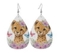 Teardrop Leather Earring Lovely Florals Cheetah Cub And Butterfly Tear Drop Earring Lightweight Hookearrings Ornament For Party Birthday Anniversary