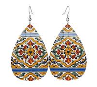Teardrop Leather Earring Mexican Ceramic Tile Pattern Hookearrings Fashion Tear Drop Earring Ornament For For Birthday Anniversary Daily Wear