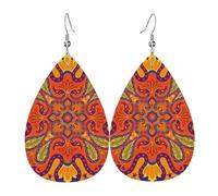 Teardrop Leather Earring Mexican Talavera Ceramic Tile Pattern Ethnic Folk Teardrop Dangle Earrings Ornament Drop Leather Earrings Women For Anniversary Party Daily Wear