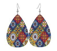 Teardrop Leather Earring Mexican Talavera Tile Pattern Drop Leather Earrings Fashion Hookearrings Women For For Birthday Daily Wear For Women Girls