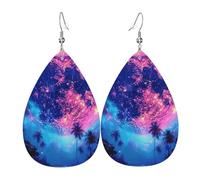 Teardrop Leather Earring Moon Palm Trees Psychedelic Galaxy Neon Colorful Tear Drop Earring Lightweight Teardrop Dangle Earrings Fashion For Daily Wear Women Girls 2 Pairs