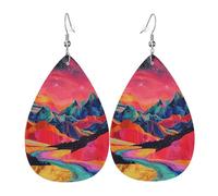 Teardrop Leather Earring Mountains Pink Skye Planet Neon Acrylic Psychedelic Colorful Teardrop Dangle Earrings Fashion Drop Leather Earrings Trendy For Women Girls Party 2 Pairs