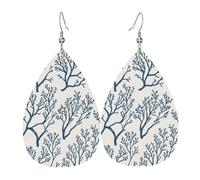 Teardrop Leather Earring Navy Blue Branching Sea Coral Drop Leather Earrings Trendy Tear Drop Earring Lightweight For Women Girls Party Anniversary