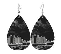 Teardrop Leather Earring New York Skyline City American City Silhouette Abstract Tear Drop Earring Lightweight Teardrop Dangle Earrings Women For Party Women Girls 2 Pairs