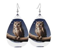 Teardrop Leather Earring Owl Under The Moon Pattern Drop Leather Earrings Lightweight Tear Drop Earring Fashion For Daily Wear Party For Birthday
