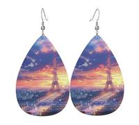 Teardrop Leather Earring Paris France Eiffel Tower Cityscape Romantic Beautiful Hookearrings Lightweight Drop Leather Earrings Women For Party Daily Wear 2 Pairs