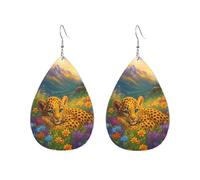 Teardrop Leather Earring Playful Leopard Cub In Florals Meadow Tear Drop Earring Ornament Teardrop Dangle Earrings Stylish And Beautiful For Anniversary Party 2 Pairs