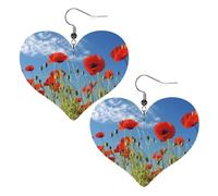 Teardrop Leather Earring Poppies On Blue Heart Teardrop Dangle Earrings Stylish And Beautiful Tear Drop Earring Lightweight For Wife Birthday Party Anniversary