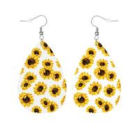 Teardrop Leather Earring Pretty Blooms Yellow Sunflower Lightweight Drop Leather Earrings Trendy Tear Drop Earring For Party Anniversary Wife Birthday