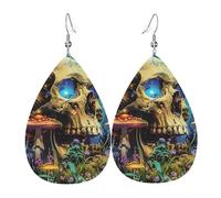 Teardrop Leather Earring Skull Fantasies Mushroom Butterfly Forests Magic Natural Drop Leather Earrings Lightweight Teardrop Dangle Earrings Women For Anniversary Party 2 Pairs