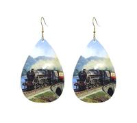 Teardrop Leather Earring Steam Train Across The Bridge Drop Leather Earrings Ornament Tear Drop Earring Trendy For Anniversary For Birthday Daily Wear