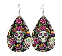 Teardrop Leather Earring Sugar Skulls Day Of Dead Ornament Lightweight Drop Leather Earrings For Anniversary Party For Birthday