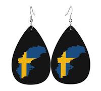 Teardrop Leather Earring Swedish Map Flag Teardrop Dangle Earrings Lightweight Hookearrings Fashion For Daily Wear Women Girls 2 Pairs